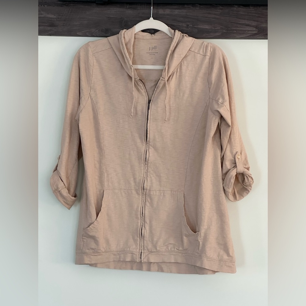 J Jill large beige cotton slub hoodie. Lightweight, buttoned 3/4 sleeves